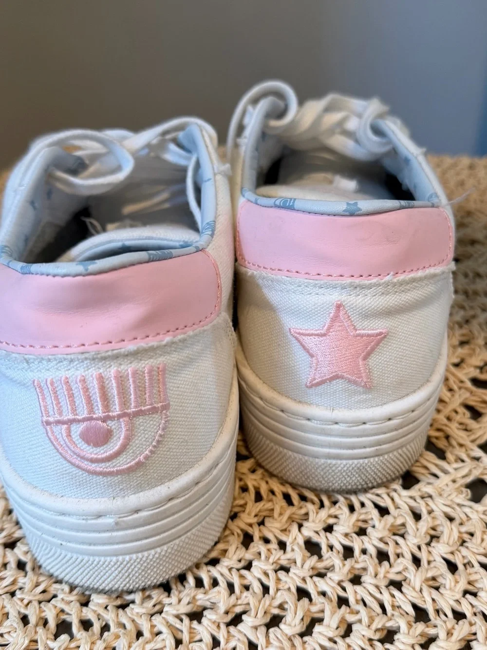 Chiara Ferragni White Canvas Sneakers with Pink Heel Tab